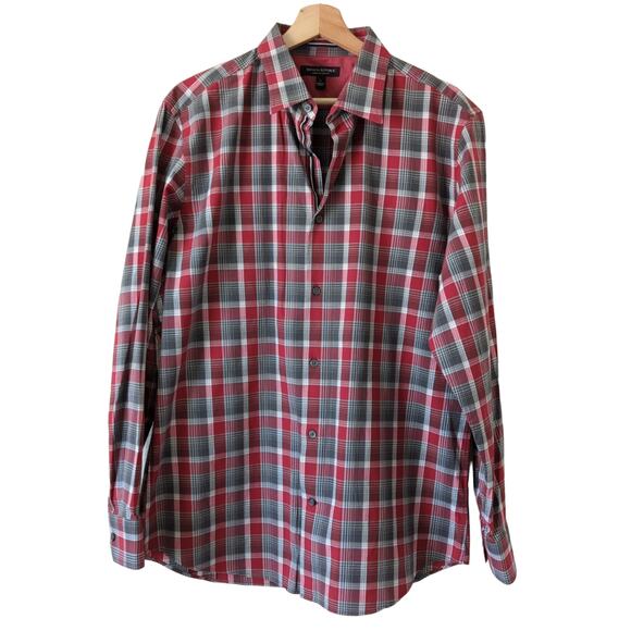 Banana Republic Mens Button Up Shirt Red Gray Plaid Long Sleeve Slim Fit Large - Picture 1 of 7